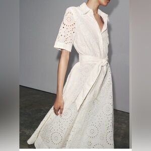 Zara White Eyelet Tie-Waist Shirt Dress